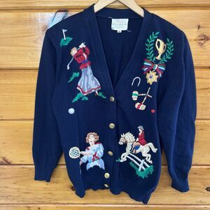 Susan Bristol Vintage 90s Embroidered Women Sports Navy Cardigan Sweater Medium